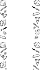 Showcasing hand-drawn school supply border with pencils, brushes, rulers on transparent background