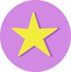 Flat vector is showing yellow five pointed star on purple circle transparent background, copy space