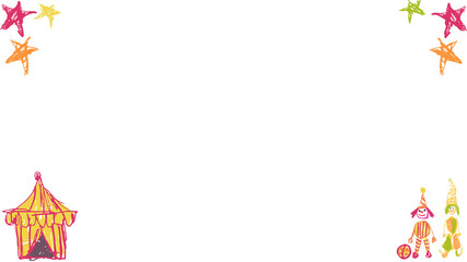 Fototapeta premium carnival border decorating transparent backdrop with striped tent, stars, clown duo performing