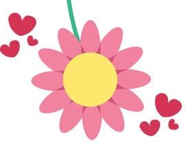 Pink flower is blooming in flat design with red hearts and white sparkles on transparent background