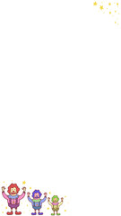 Cartoon creatures are performing in flat design with golden star clusters on transparent background