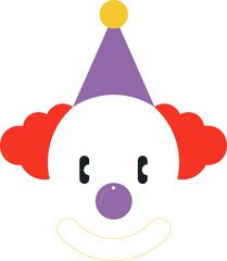 Clown head is floating on transparent background in flat style with red hair, purple party hat