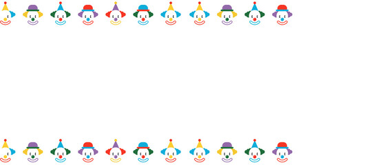 Flat cartoon clown heads with party hats are framing empty center on transparent canvas, copy space