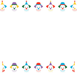 Fototapeta premium 14 clown heads are forming flat design border with hats, tufts on transparent backdrop, copy space