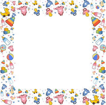 Fototapeta Flat design baby border is showing pacifier, bottle, duck on transparent background, copy space