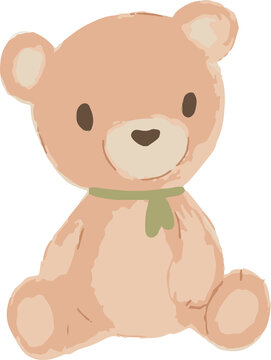 Cartoon-style teddy bear is sitting upright on transparent background with green scarf
