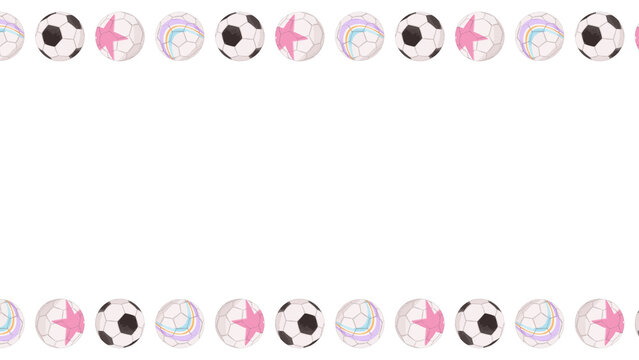 Fototapeta Border showing alternating soccer balls, pink star  and  rainbow stripe balls on transparent backgro