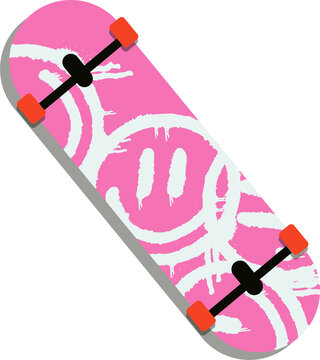 Skateboard deck is floating in flat with pink graphics, black trucks, orange wheels, transparent
