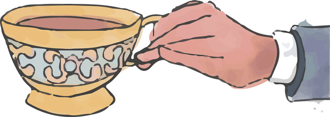 Human hand is holding ornate porcelain teacup in flat design with warm tea, transparent background