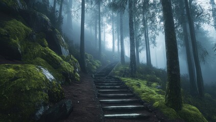 Misty forest stairs ascend