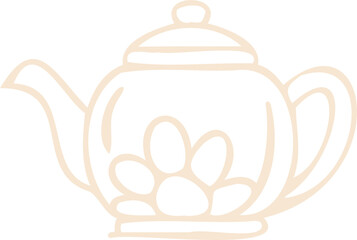 Showing line art teapot with curved spout, looped handle and floral motif on transparent backdrop