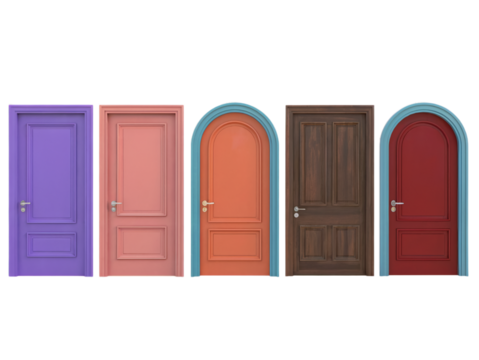 Five colorful interior doors variety of styles design options on transparent background