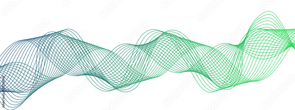 Poster Abstract Blue background with waves. Futuristic tech background with Curved wavy line. Wave pattern glowing science flowing line. Sense of depth, rhythm, and motion. Bright dynamic gradient effect.