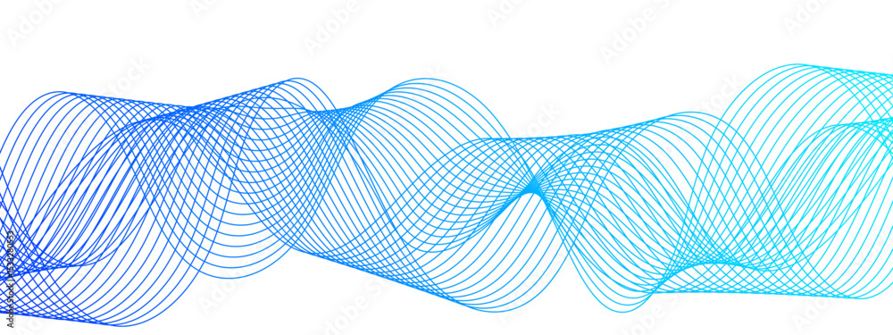 Poster Abstract Blue background with waves. Futuristic tech background with Curved wavy line. Wave pattern glowing science flowing line. Sense of depth, rhythm, and motion. Bright dynamic gradient effect.
