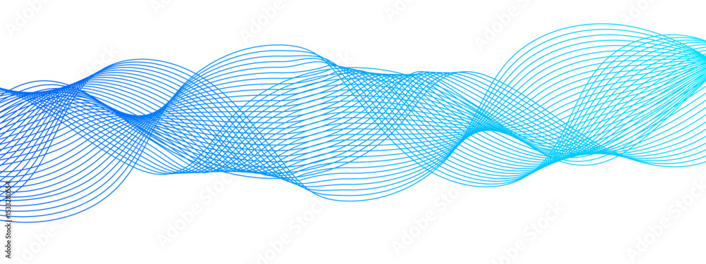 Poster Abstract Blue background with waves. Futuristic tech background with Curved wavy line. Wave pattern glowing science flowing line. Sense of depth, rhythm, and motion. Bright dynamic gradient effect.