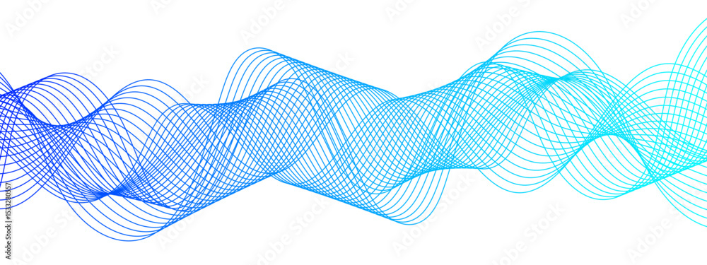 Poster Abstract Blue background with waves. Futuristic tech background with Curved wavy line. Wave pattern glowing science flowing line. Sense of depth, rhythm, and motion. Bright dynamic gradient effect.