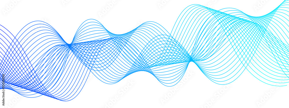 Fototapete Abstract Blue background with waves. Futuristic tech background with Curved wavy line. Wave pattern glowing science flowing line. Sense of depth, rhythm, and motion. Bright dynamic gradient effect.