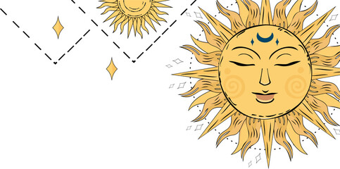 Fototapeta premium Sun is showcasing stylized sun face on transparent background with wavy rays crescent motif stars