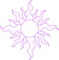 Fototapeta premium Stylized sun is radiating wavy rays in flat design with purple outline on transparent background