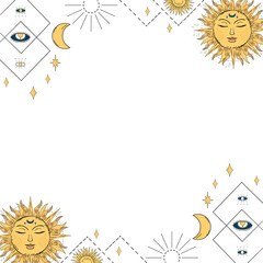 Fototapeta premium Flat border is featuring golden suns, moons, diamond eyes, stars on clear background, copy space