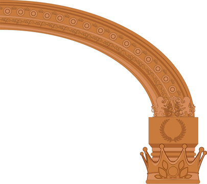 Fototapeta Flat design arch is featuring orange medallions, crown motifs and lions on transparent backdrop