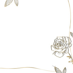 Floral border frame is showcasing rose with gold leaf border framing transparent center, copy space