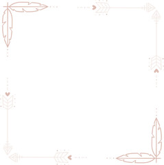 Drawing pastel pink square arrow and feather frame with hearts and dots on transparent field