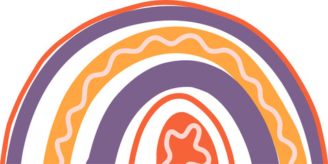 Fototapeta premium Showing abstract concentric orange purple yellow arches with white wavy star on transparent bg