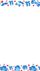 Flat design showing border of blue gift boxes and red hearts on transparent canvas, copy space