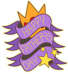 Fototapeta premium Father's Day badge displaying purple ribbon, orange crown, yellow stars on transparent background