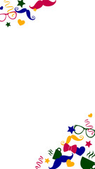 Carnival border forming on transparent canvas with mustaches, top hats, streamers, copy space