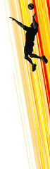 Flat vector volleyball silhouette is jumping, spiking with warm motion stripes on clear background