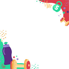 Obraz premium Fitness frame is showing weights and bottle in flat style with transparent background copy space