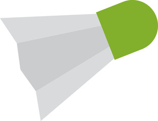 Badminton birdie is being shown in flat vector with green tip, white panels on transparent backdrop
