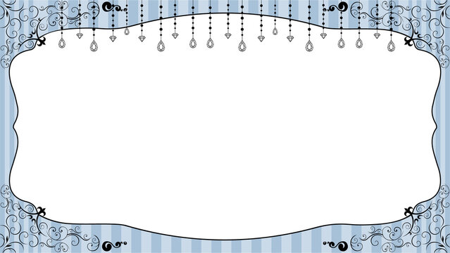 Fototapeta Flat ornamental frame is being shown on clear backdrop with blue stripes and filigree, copy space
