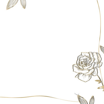 Fototapeta Floral border frame is showcasing rose with gold leaf border framing transparent center, copy space