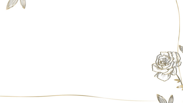 Displaying gold floral frame border on transparent background with wavy borders, rose, leaf cluster