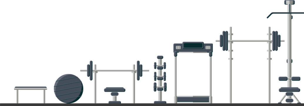Fototapeta Flat design gym gear is being shown on transparent backdrop: bench press, dumbbell rack, treadmill