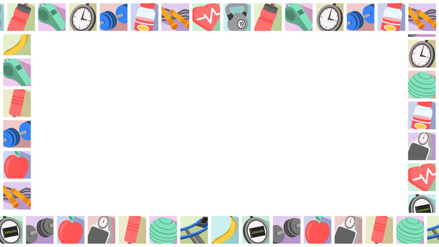 Fototapeta Stylized fitness frame showing colorful icons around teal board on transparent backdrop, copy space