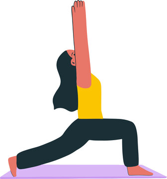 Fototapeta Yoga practitioner is performing lunge pose on lavender mat in flat design, transparent background