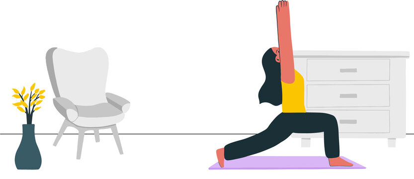 Fototapeta Woman is practicing low lunge yoga on lavender mat in flat design with vase, transparent background