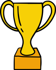 Golden trophy cup is floating on transparent background in flat design, showing handles, copy space