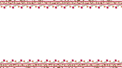 Flat frame showing beige bands with red-orange flowers  and  red-yellow stripes, transparent backgro