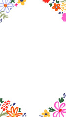 Hand-drawn floral frame is featuring clustered vibrant flowers and leaves on transparent background