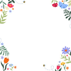 Floral vector frame is being shown on transparent background with blooms, leaves, bees, copy space
