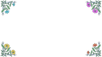 Flat floral border is showing stylized vines with colorful corner blooms on transparent background