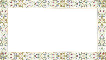 Vector is showing frame with scrollwork and red blue accents, transparent background, copy space