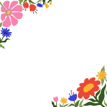 Fototapeta Displaying flat floral corner borders with wildflowers and foliage on transparent background