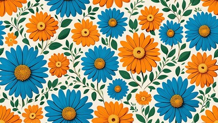Vibrant Floral Pattern Blue and Orange Daisy Design, Seamless Repeat Texture
