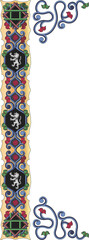 Showing flat medieval border merging gold band, lion shields, vines, motifs on transparent layer